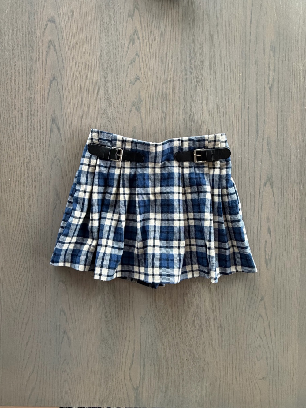 Blue Plaid Pleated Girl’s Skort with Buckle Detail- Size 3-4